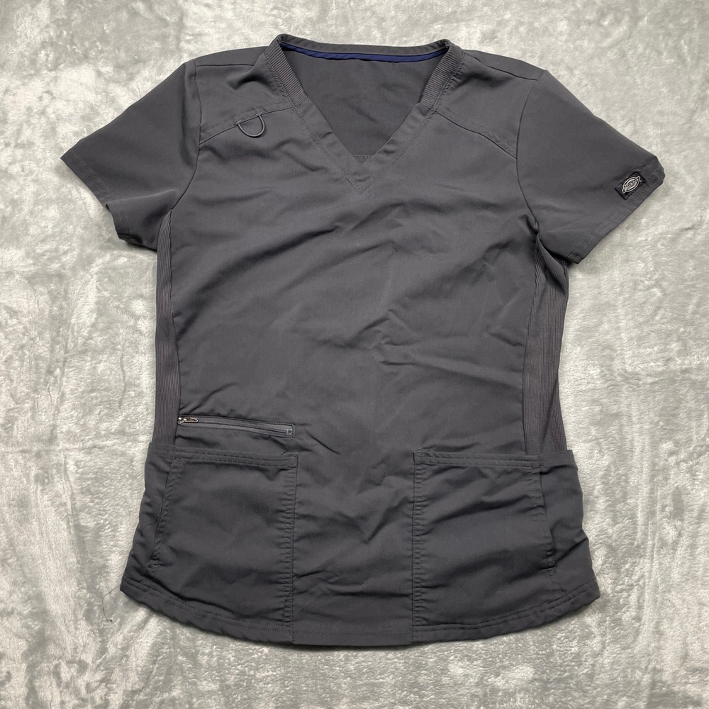 Dickies‎ Scrub Top Women Small Gray V-Neck Rib Knit Side Panels Zipper Pocket